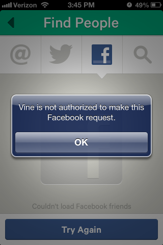 Facebook prohibiting Vine from finding people on Facebook